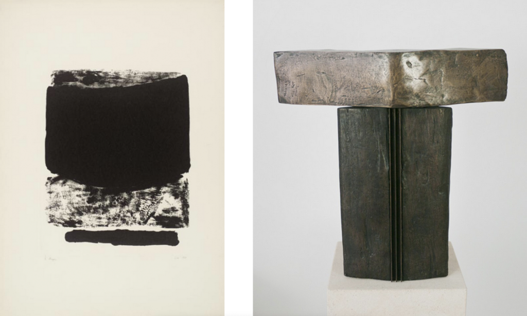 Two artworks by Kim Lim titled Shogun are displayed. On the left is a 1962 lithograph featuring abstract black shapes. On the right is a 1961 abstract sculpture made of wood and bronze.